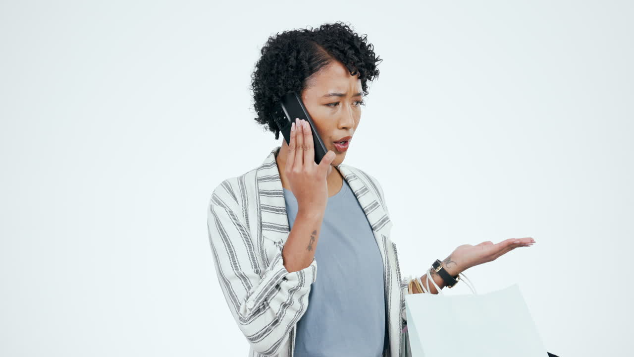 Shopping, anxiety and woman with phone call