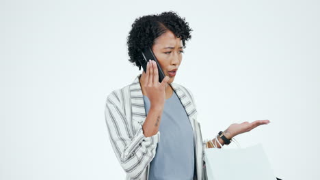 shopping, anxiety and woman with phone call