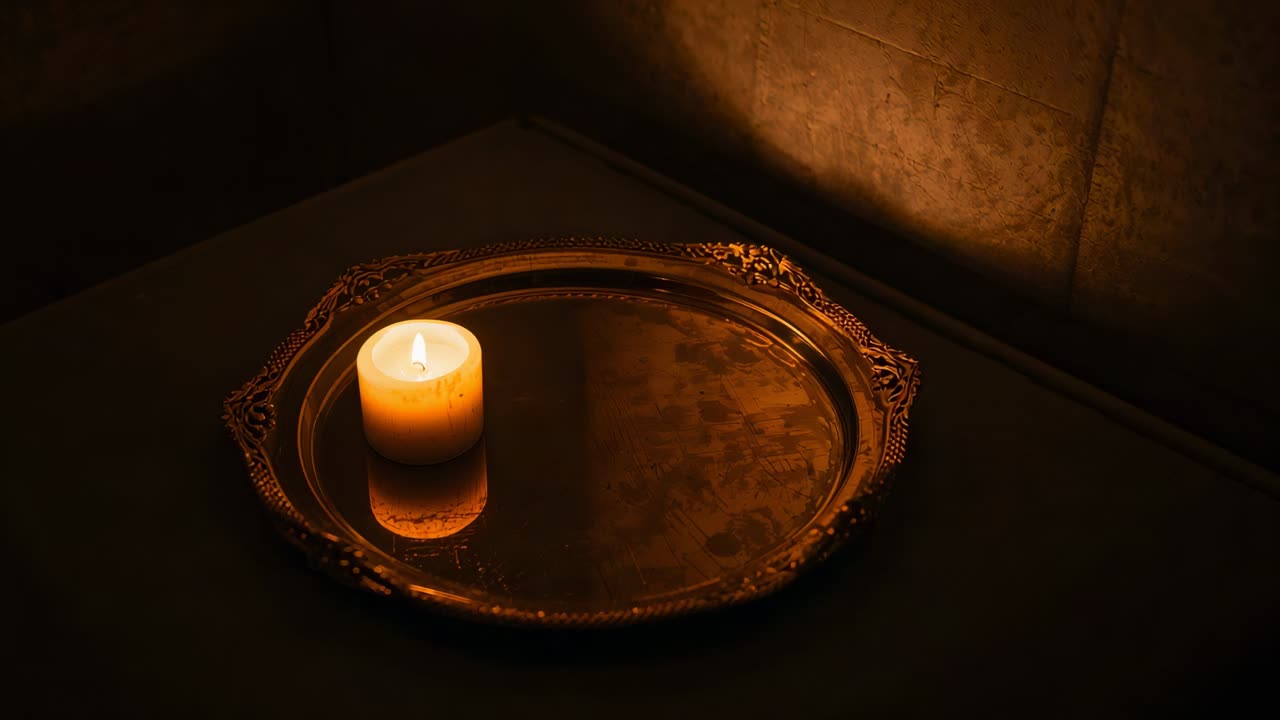 Candela a colonna accesa che sfarfalla tremando per una corrente d'aria, proiettando riflessi su un vassoio di metallo su un tavolo scuro.