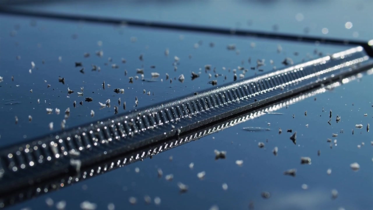 Drifting light flakes floating around ribbed trim on glossy vehicle roof, breeze lifting them