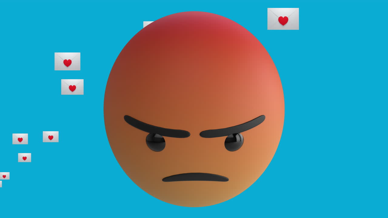 Animation of angry emoji icon with red heart icons on blue background