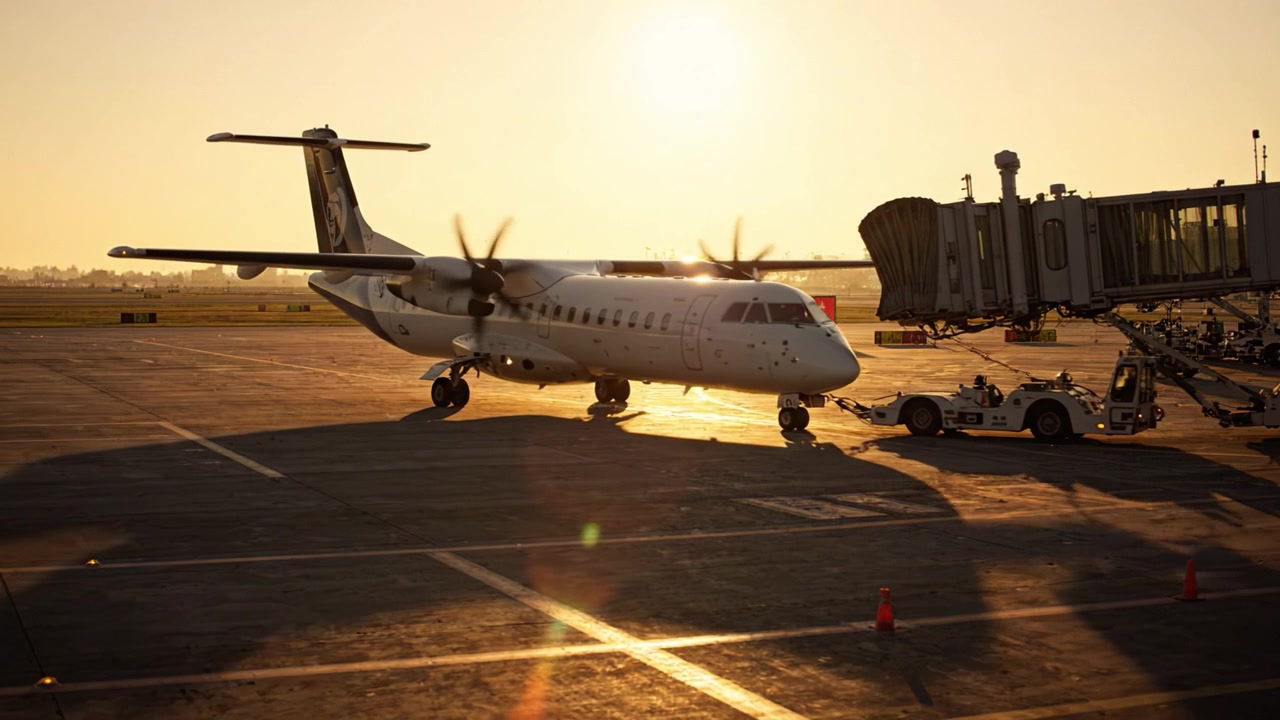 Tramonto all'aeroporto: un aereo turboelica preparato per la partenza con il personale di terra e il finger pronto per i passeggeri in mezzo a un bagliore dorato.