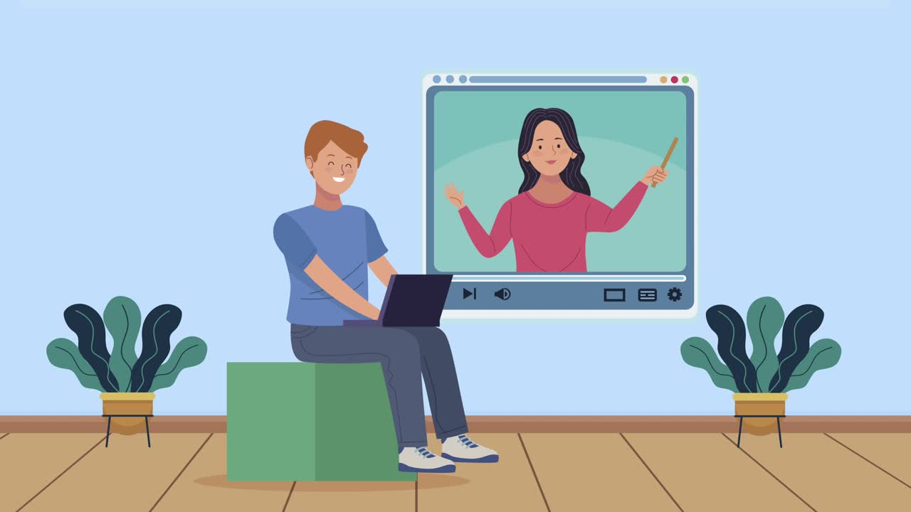 young couple communicating in laptop animation