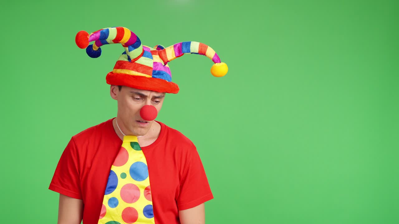 Clown in colorful costume displaying varied sad expressions