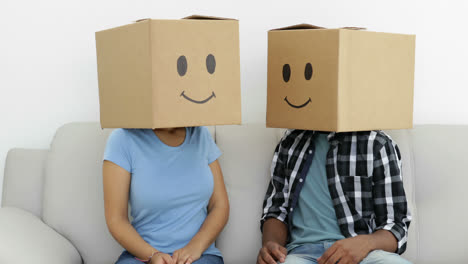 silly employees with boxes on their heads