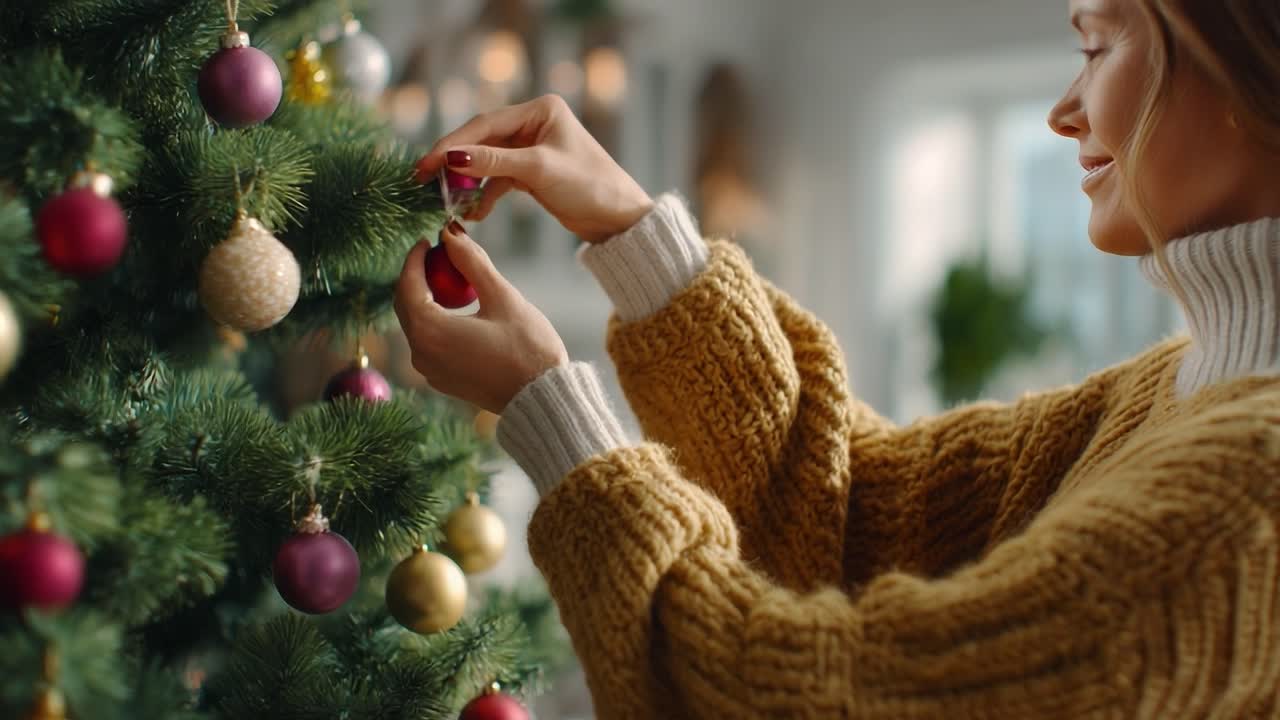 A Woman Adorns a Festive Christmas Tree with Colorful Ornaments, Capturing the Spirit of the Holiday Season in a Cozy, Cheerful Atmosphere