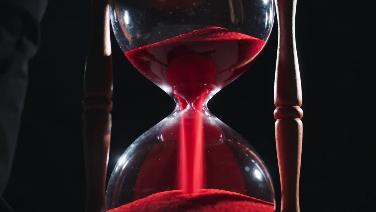 Guiding barefoot adult from left rotating wooden hourglass on dark floor, pouring red sand, flowing