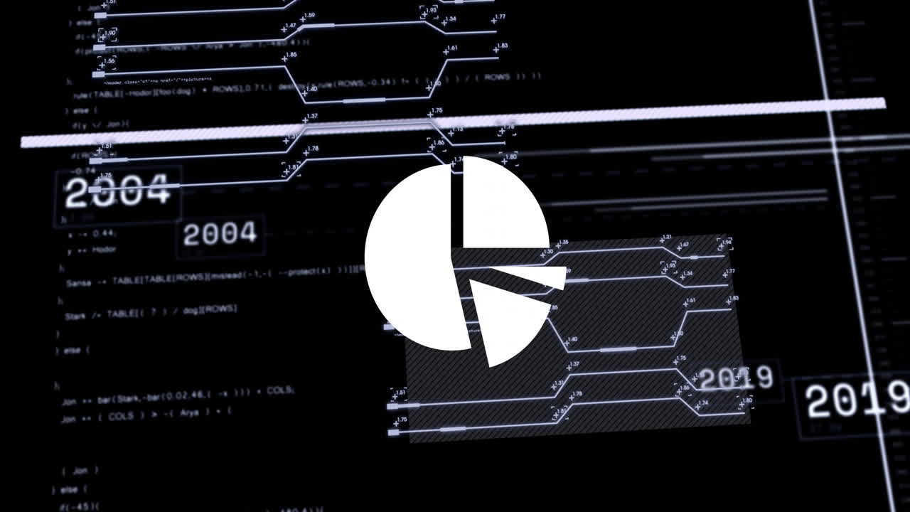 Animation of digital data processing and pie chart over black background