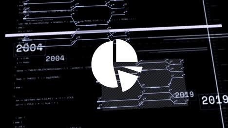 animation of digital data processing and pie chart over black background