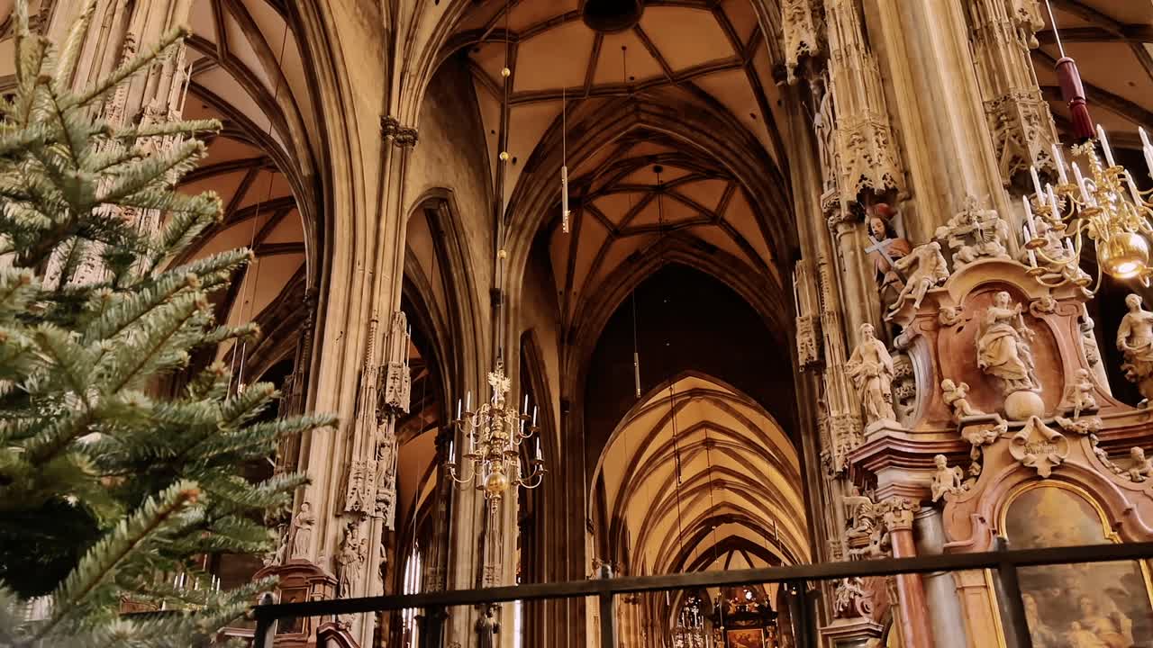 stunning st stephen’s cathedral interior in vienna with gothic arches chandeliers and christmas tree
