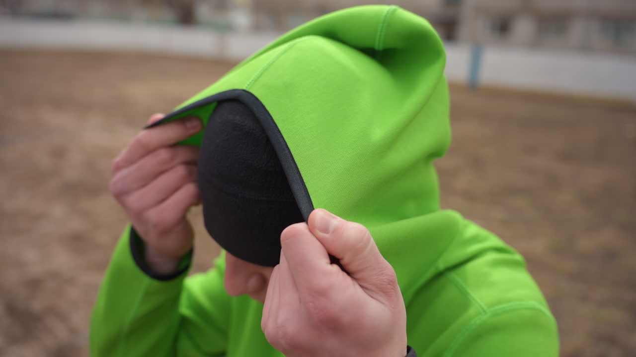 후드티를 입은 야외 활동을 하는 남성, 야외에서 얼굴을 가리고 있는 캐주얼한 남성, 탁 트인 들판에서 녹색 후드를 입고 있는 백인, 자연 속에서 얼굴을 가리는 후드가 달린 캐주얼한 복장의 남성