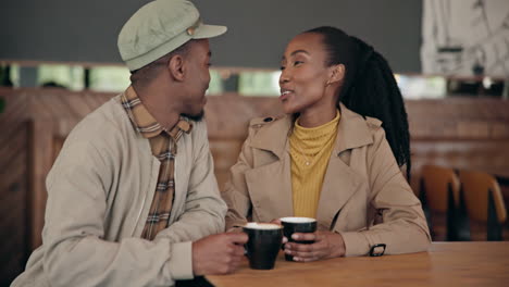 couple, tea and laugh with communication at cafe