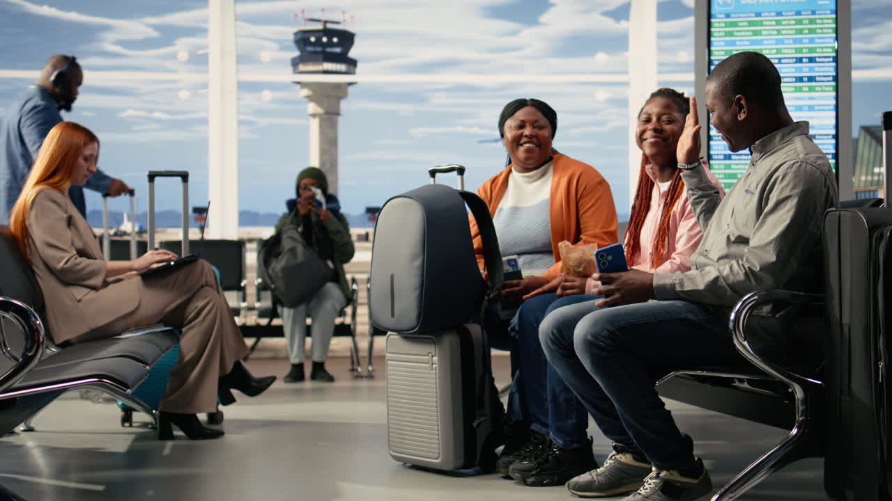 Black parents and teenager seated on bench in bright airport lounge area