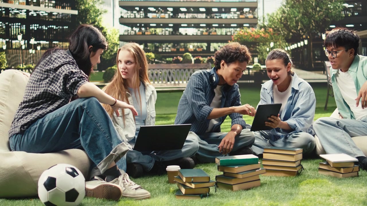 Woman student gestures while discussing project notes with classmates