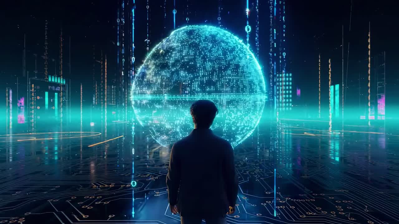 Futuristic video concept with a man facing a digital globe