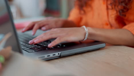 hands, typing and laptop with a black woman