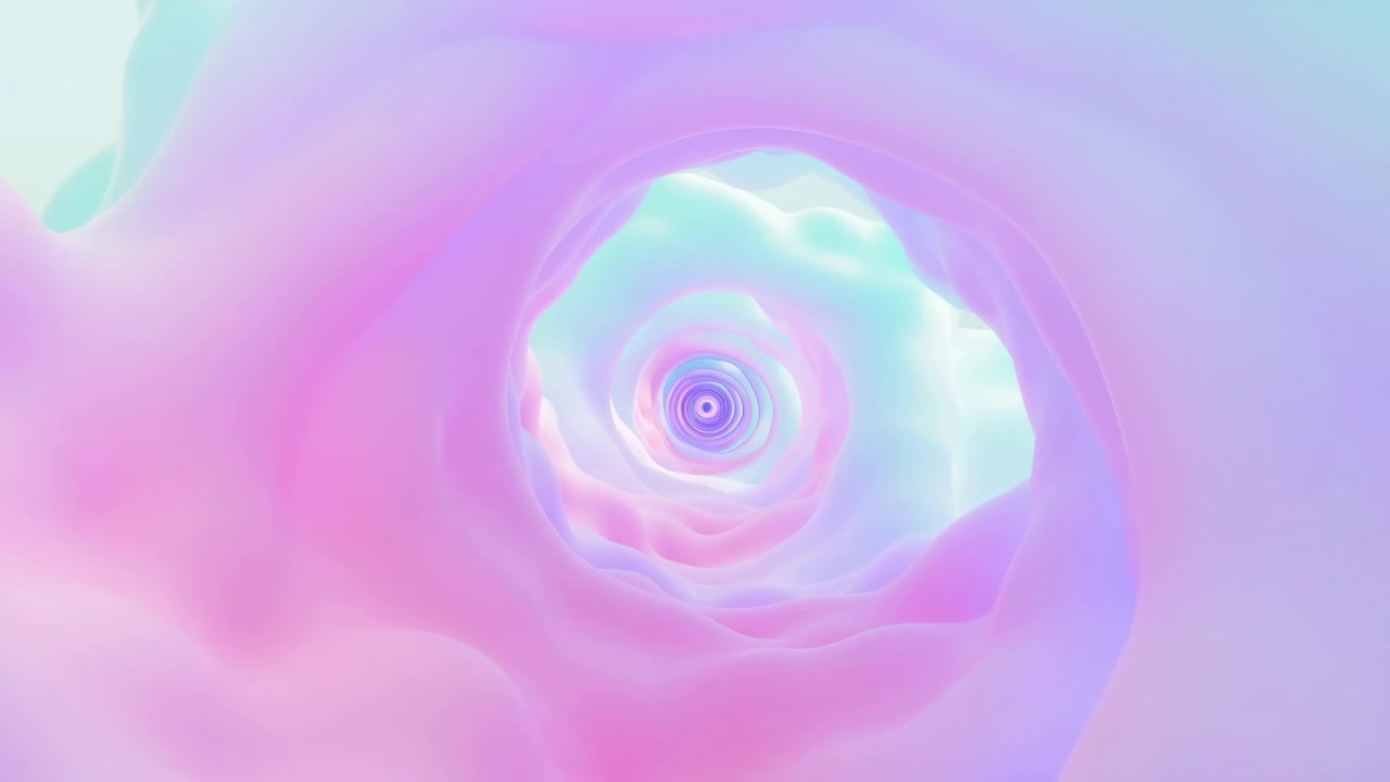 抽象的同心隧道內部，由光滑花瓣狀層次構成，向明亮中心彎曲，營造強烈向內動感，配以柔和光澤表面及溫和粉彩漸變光線。