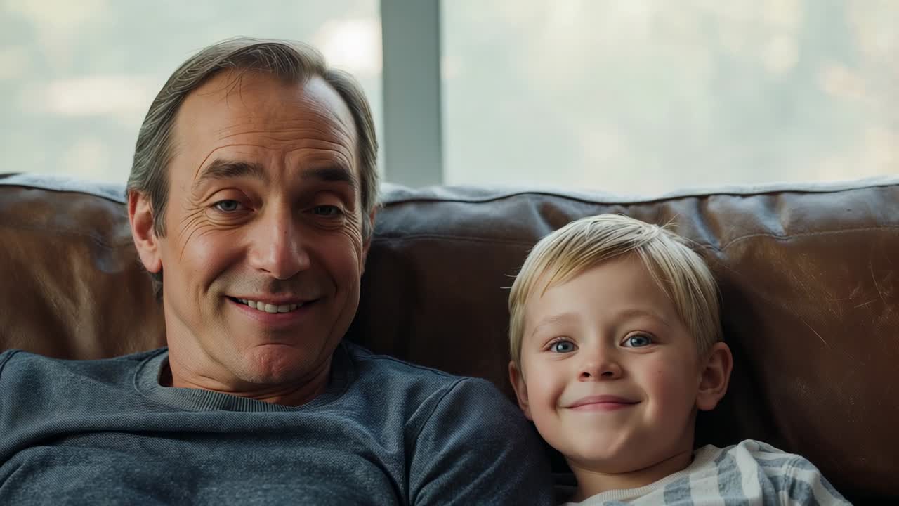 Glancing gray-sweater dad, striped-tee son smiling on brown leather couch by window, bonding