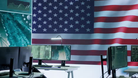 oficina vacía de la torre de control militar de los estados unidos con la bandera estadounidense