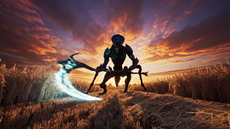 Criatura alienígena con guadaña en un campo de trigo al atardecer