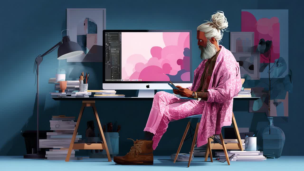Creative Workspace of a Modern Artist: A Distinctive Image Featuring a Stylish Individual Sitting Calmly at a Computer Desk Surrounded by Artistic Elements and Soft Color Palette