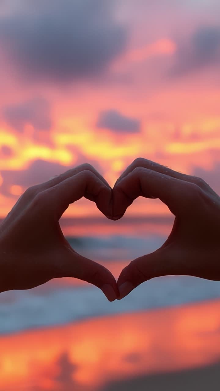 A Beautiful Sunset at the Beach with Hands Forming a Heart-Shaped Gesture, Capturing the Essence of Love and Serenity in Nature's Splendor