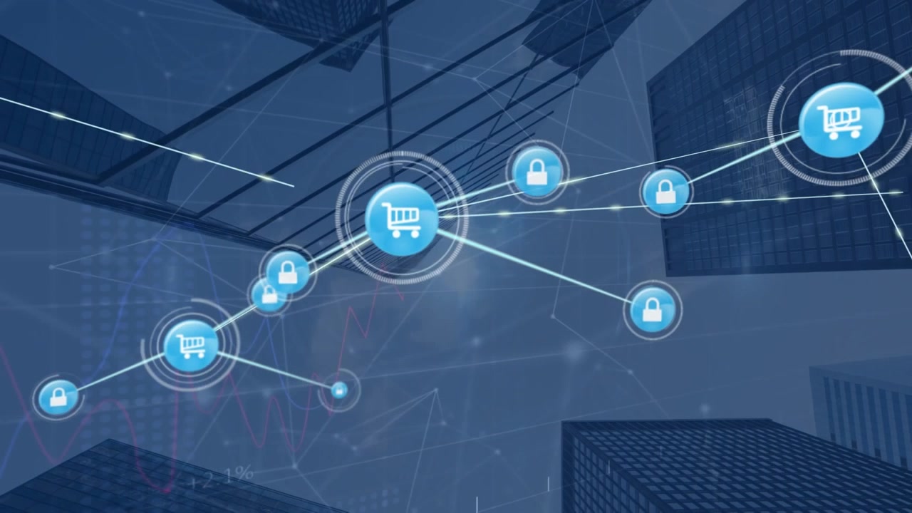 Animazione di una rete di connessioni con icone su un ufficio vuoto.