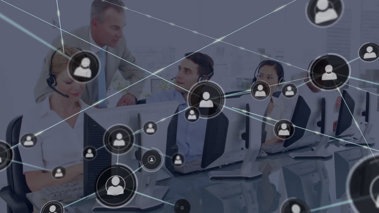 animación de la red de conexión con iconos sobre personas de negocios que usan auriculares de teléfono