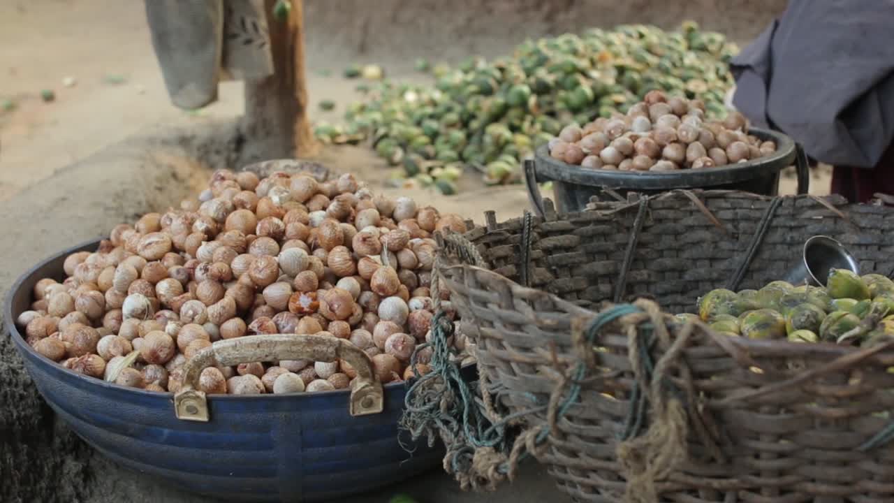 Peeled areca nuts in woven baskets