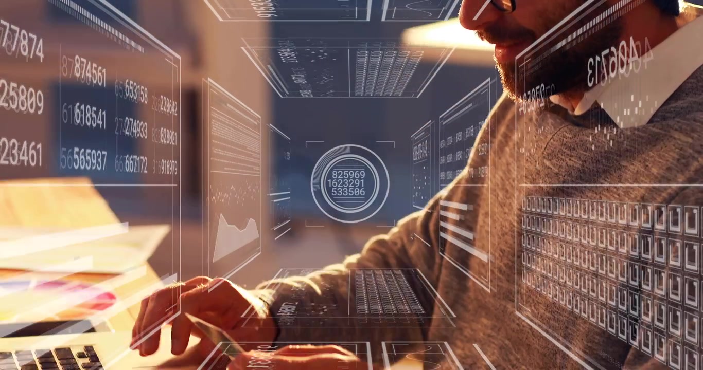 Man looking at laptop screen, bringing HUD overlay centering over hands while typing data