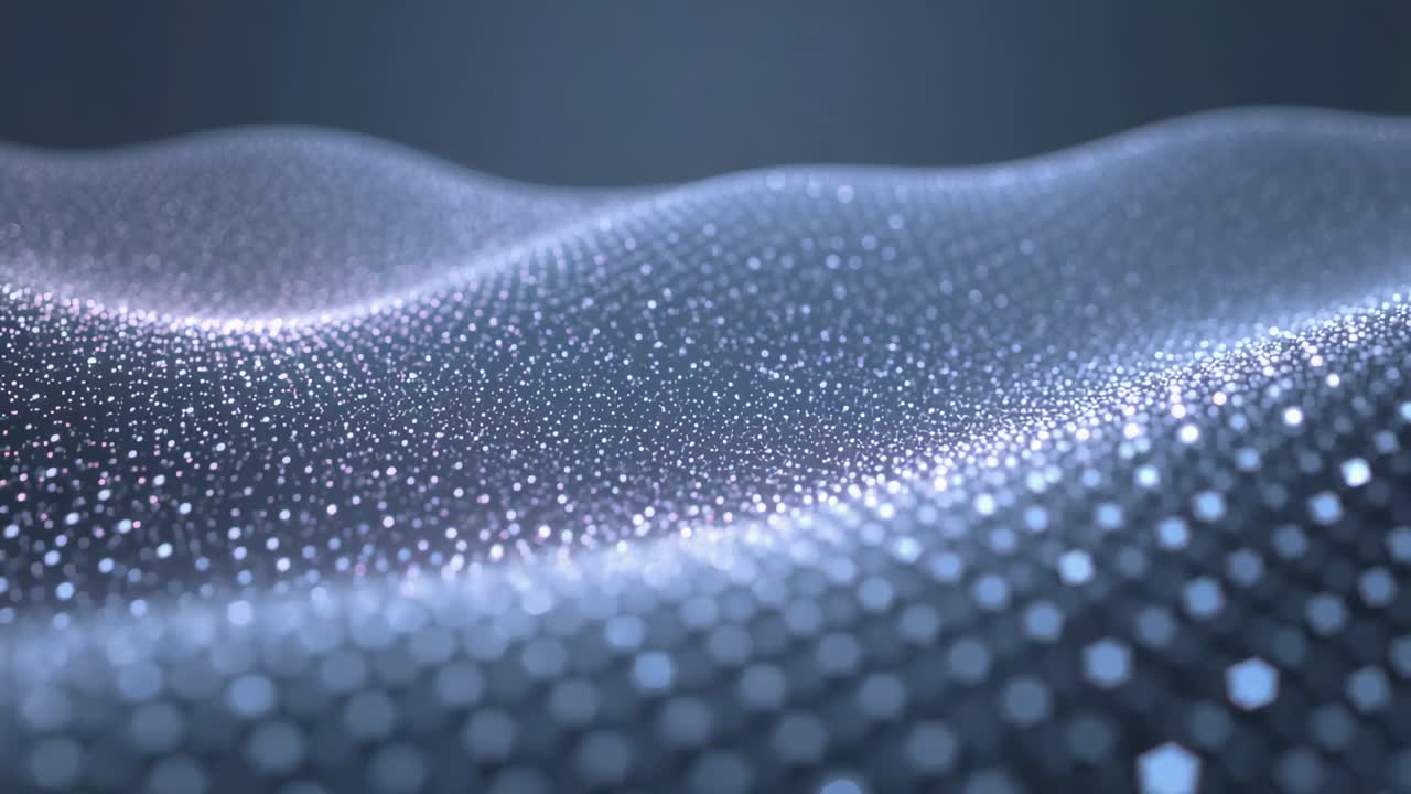 Shifting luminous grid mesh undulating over dark gradient, camera moving forward revealing bokeh