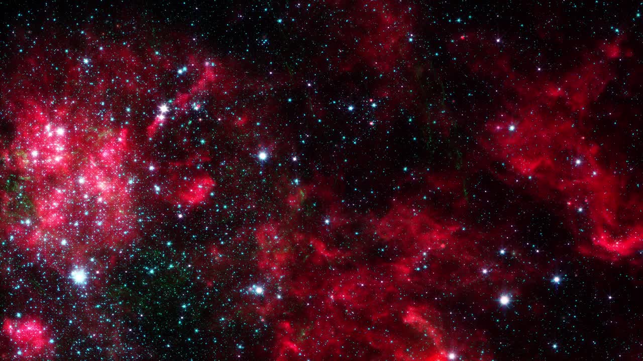 Abstract loop space flight fly to mysterious glow red nebula cloud wiht glow stars in space. Space exploration to glow nebula galaxy. 4K 3D illustration seamless loop Sci-Fi space travel fly to the alien nebula.