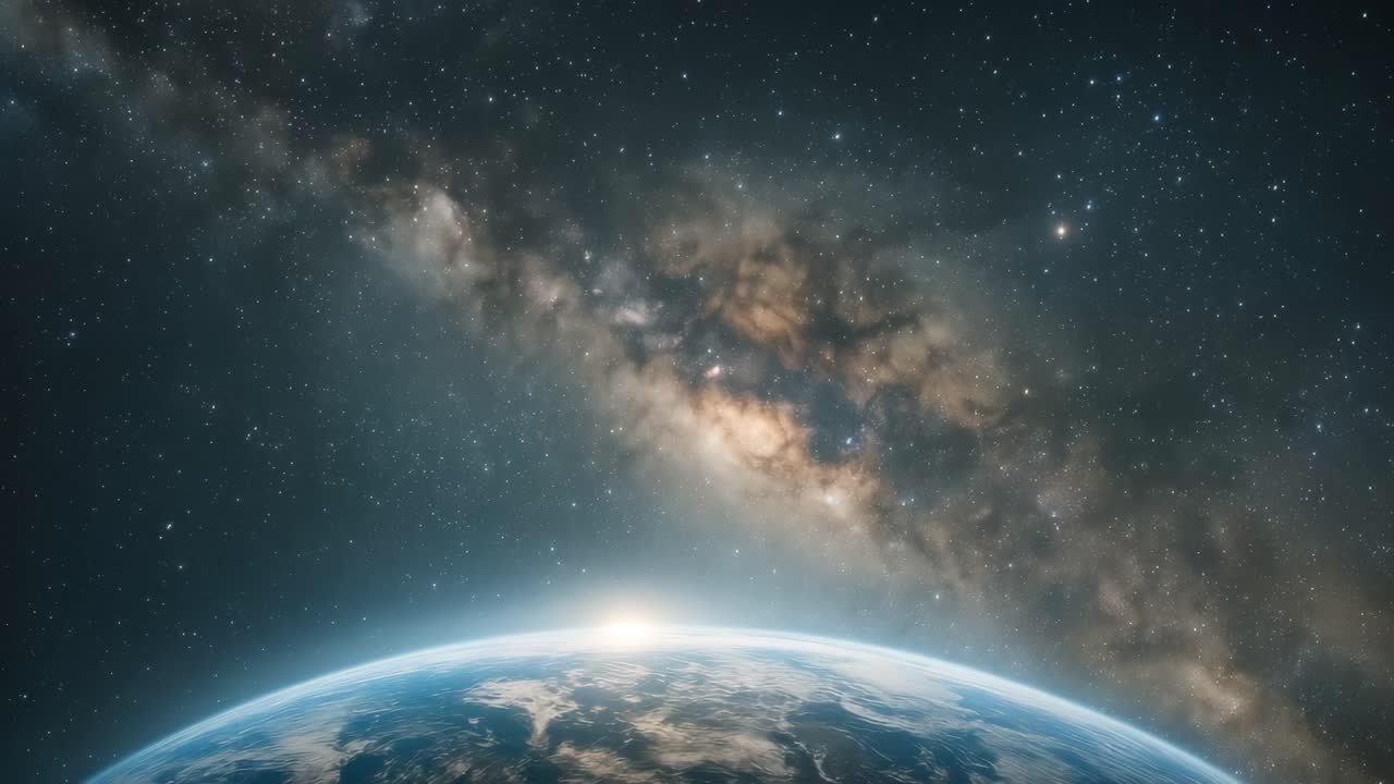 Stunning video concept of Earth from space with a low-angle view, capturing the Milky Way galaxy's