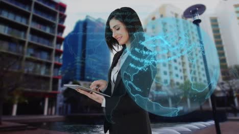 Animation-of-globe-and-data-processing-over-caucasian-businesswoman-using-tablet