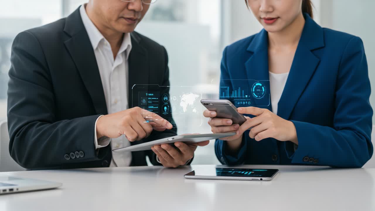 Collaboration in a Modern Office: Two Professionals Engaging with Digital Devices to Analyze Data and Strategies for Improved Business Performance