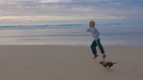 niño corriendo con el perro en la playa al atardecer