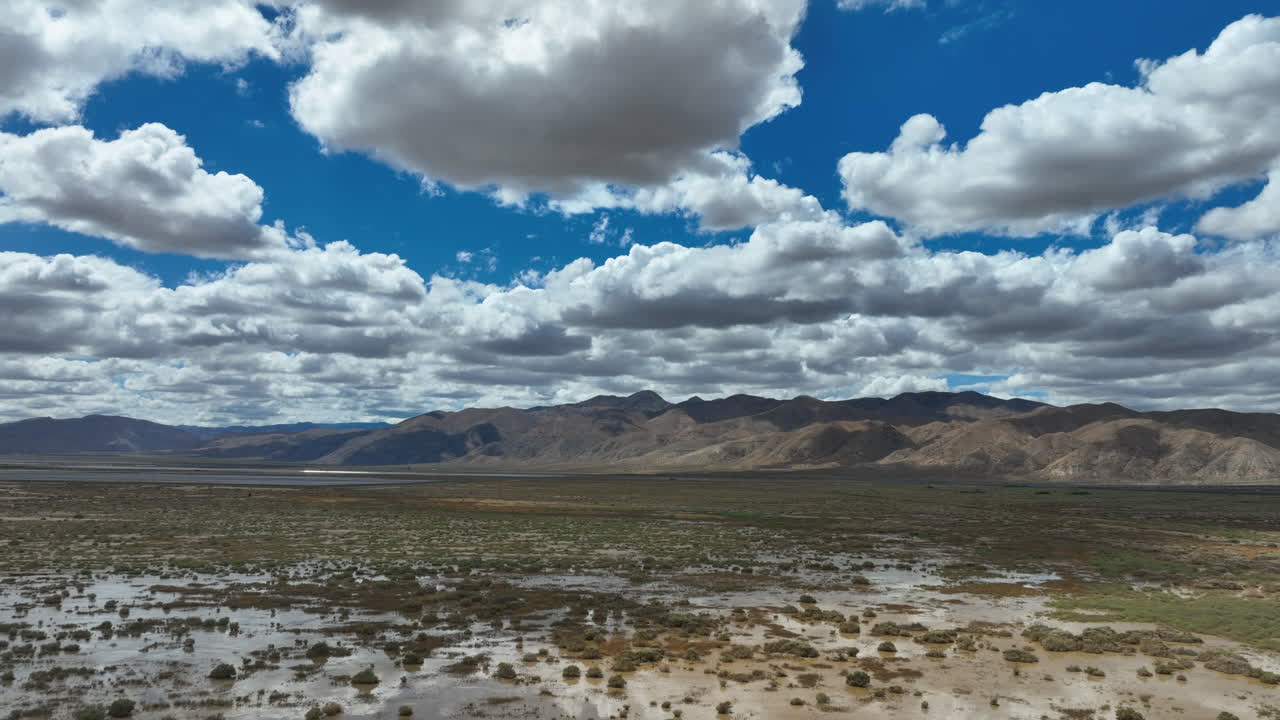 Mojave Desert's flooded plains after an unseasonal cloudburst aerial flyover
