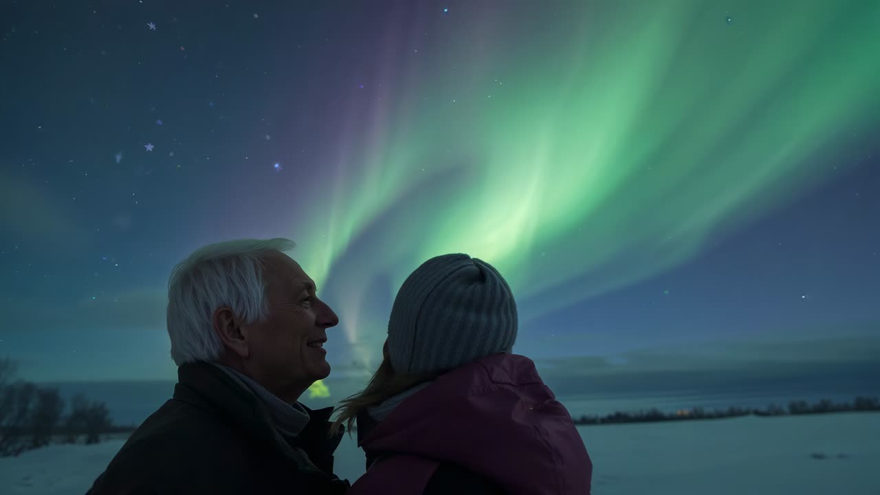 Leaning couple in knit hat and puffy jacket tilting heads as aurora intensifying over snowy plain