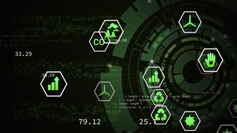 animación del procesamiento de datos y iconos digitales ecológicos sobre el giro del alcance