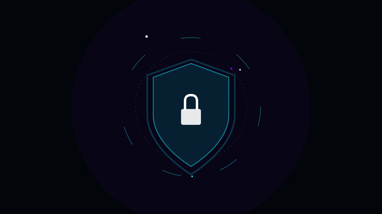 Digital Security Shield Icon with Animated Data Particles