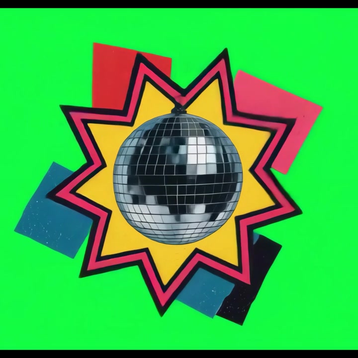 Palla da discoteca retrò animata con stella e forme geometriche su schermo verde
