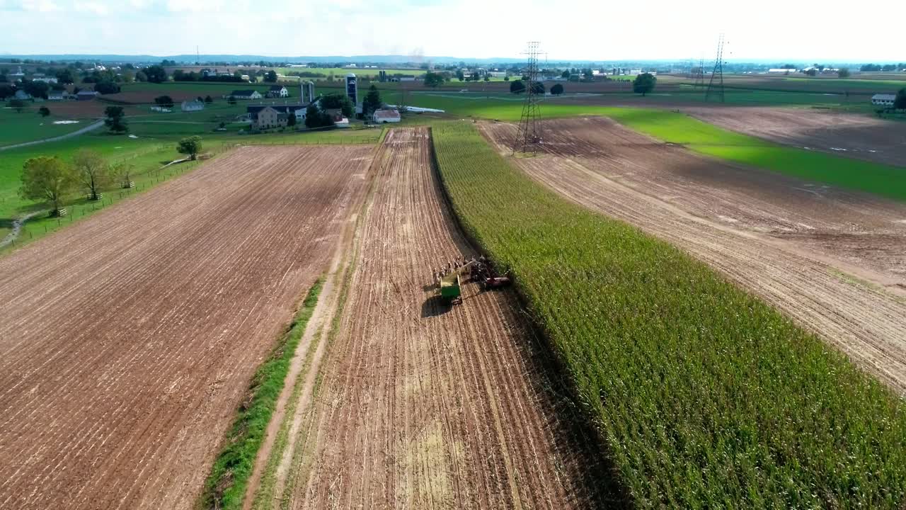 Amish Farmers Harvesting there Fall Crops as Seen by Drone