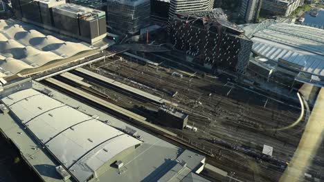 aerial view of train tracks and buildings