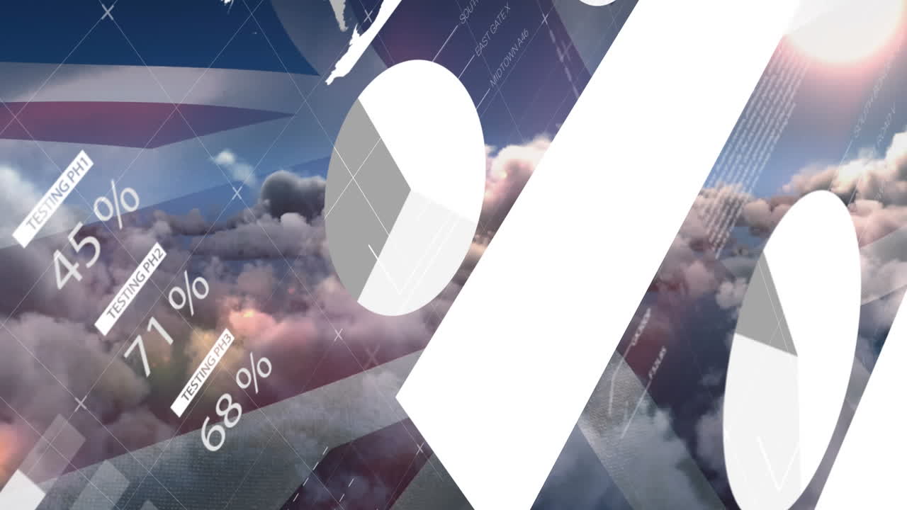 animación del procesamiento de datos estadísticos sobre la bandera del reino unido ondeando contra las nubes en el cielo.