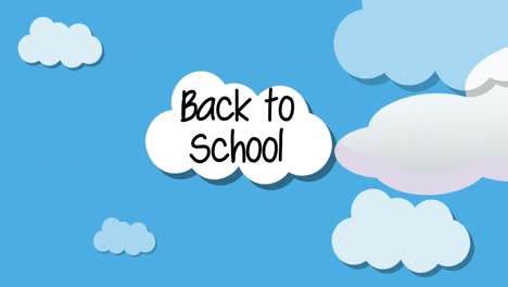 Animation-of-rocket-flying-across-black-back-to-school-text-on-white-cloud-in-blue-sky