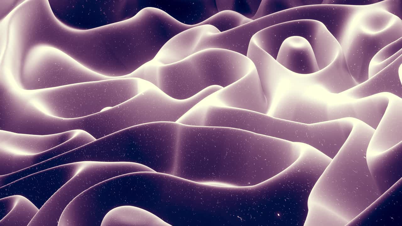 Abstract waves of soft black matte material with light inner glow and glitters on morphing surface. Abstract geometric surface like landscape or terrain, extrude or displace 3d noise. Loop 4k