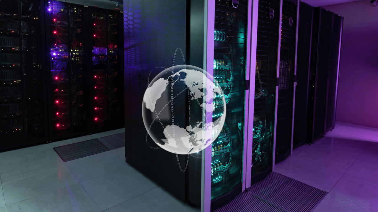 Animation of globe and data processing over computer servers