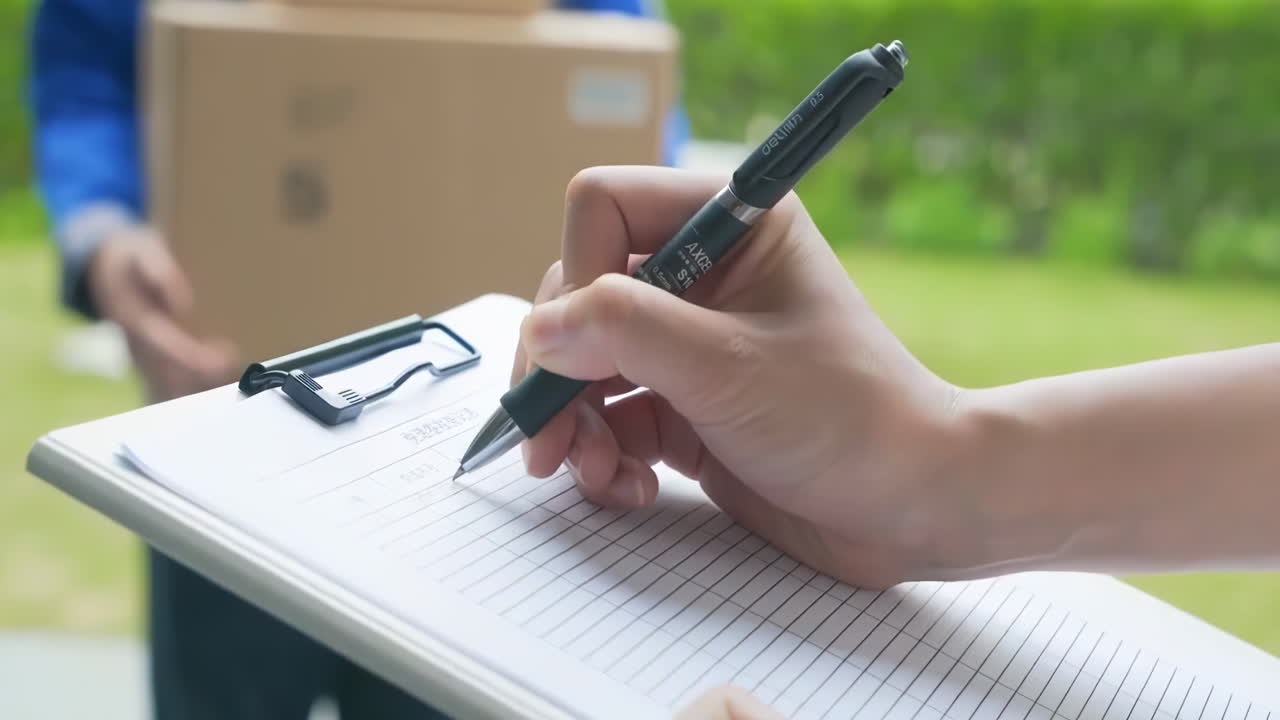 Delivery man Uniform smiles during express, courier holding a small package parcel Delivering goods to Customer's Home with Van Truck, door-to-door services