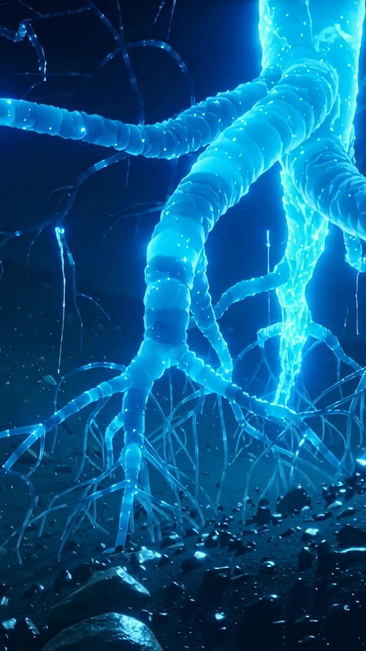 Vertical video: Pulsing trunk guiding camera down in cavern revealing roots and drifting particles