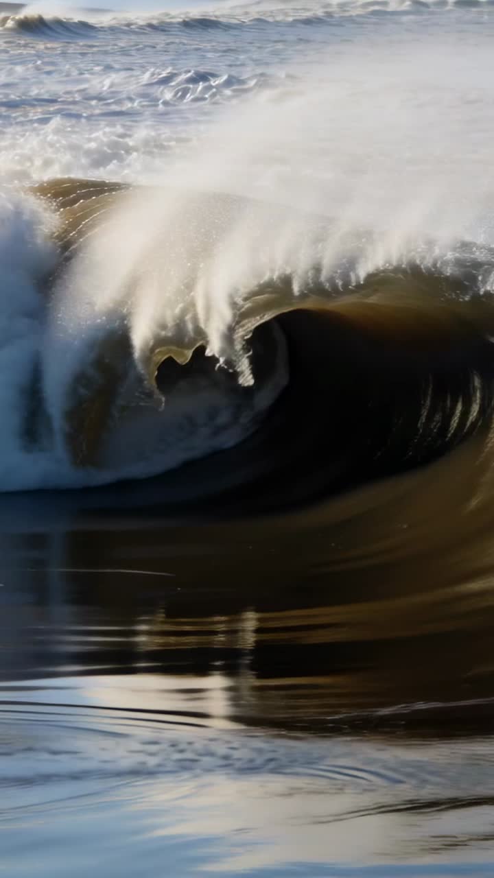 Vertical video: Forming large ocean wave from incoming swell, barrel curling nearshore with spray